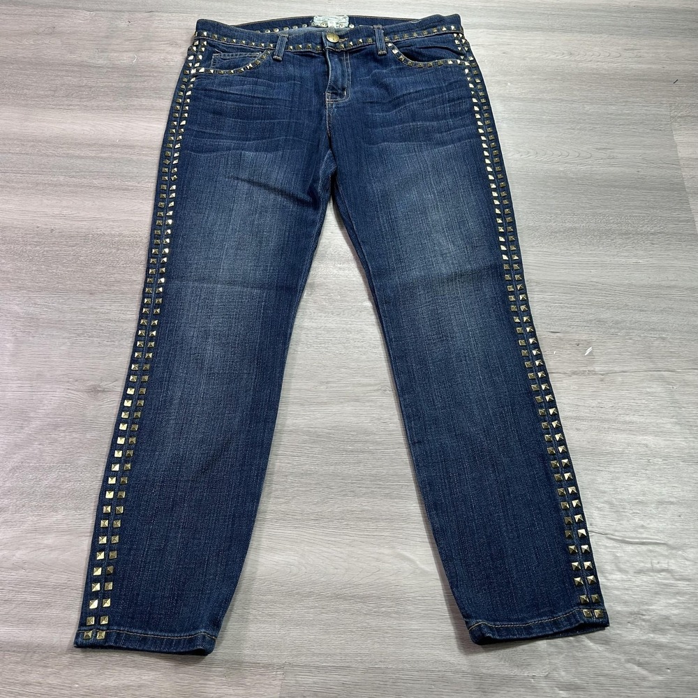 Current/Elliott The Crop Skinny Jeans Womens 30 Blue Brass Studded Made USA
